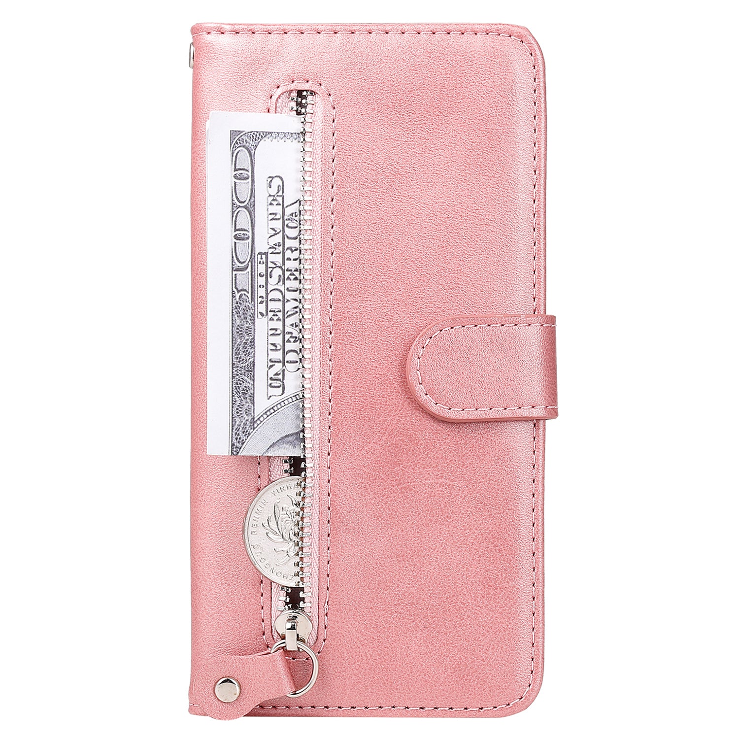 Uniqkart for iPhone 15 Pro Max Anti-Scratch Calf Texture Phone Case Zipper Pocket Wallet Foldable Stand Cover - Pink Uniqkart for iPhone 15 Pro Max Anti-Scratch Calf Texture Phone Case Zipper Pocket Wallet Foldable Stand Cover - Pink